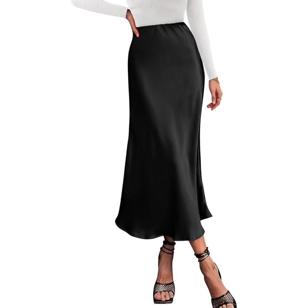 Versatile Satin Midi Skirt in Black - High Waist Elegance for Every Occasion